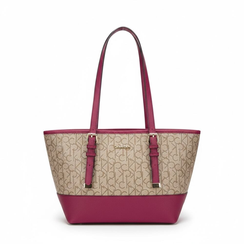CALVIN KLEIN Signature MONOGRAM TOTE Beige With PINK LEATHER TRIM Size MEDIUM